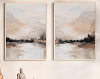 Abstract neutraal landschap print set van 2, landschap olieverfschilderij, landschap poster, minimalistische muur kunst, landschap muur kunst downloaden