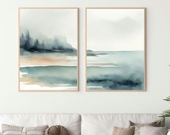 Watercolor Coastal Landscape Print Set of 2, Minimalist Abstract Art Digital Download