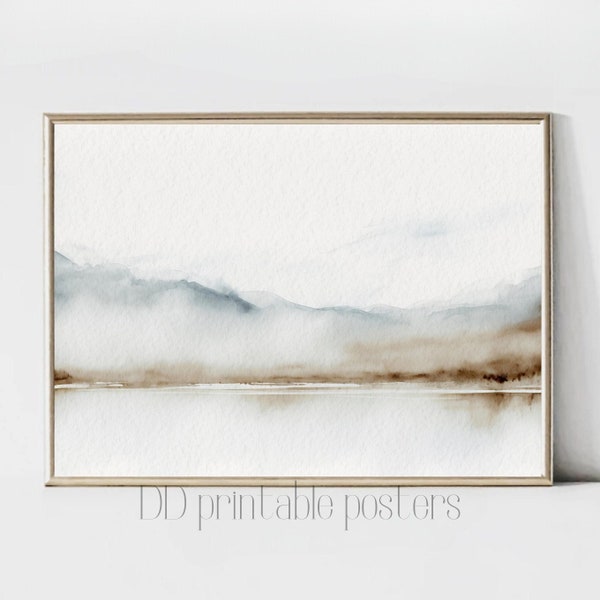 Watercolor Landscape Print, Minimalist Wall Art, Neutral Landscape Poster, Beige Brown Blue Print, Digital Art Print, Landscape Download