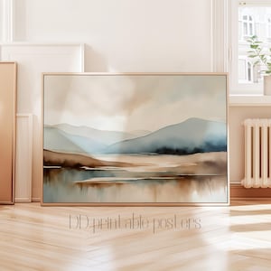 May include: A framed watercolour landscape print depicting a tranquil mountain scene and lake. The artwork uses a muted palette of blues, browns, and beige, creating a calming aesthetic. The text "DD printable posters" is at the bottom.