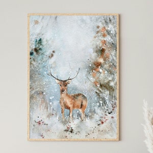 Arte mural de bosque nevado, pintura de ciervos, arte mural navideño imprimible, decoración navideña rústica vintage, arte mural natural, decoración de temporada invernal