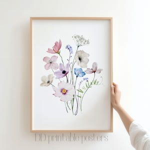 Wildflower Printable Wall Art, Pastel Watercolor Botanical Print, Minimalist Floral Bouquet, Digital Download Artwork