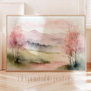 Spring Landscape Painting, Pink Wall Art, Minimalist Aesthetic Room Decor, Watercolor Soft Colour Landscape, Scenery Printable Wall Art