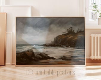 Stormy Seascape Print: Moody Coastal Cliff Art Digital Download