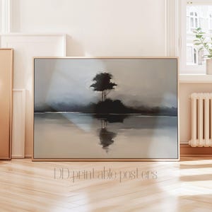 Moody Landscape Painting, Dark Blue Black Scenery Art PRINTABLE, Landscape Wall Art Print, Minimalist Wall Art, Tree Landscape Download