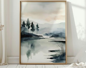 Aquarell Seeblick Druck, abstrakte Landschaft Kunst Digital Download