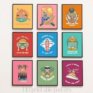 May include: Nine printable posters featuring a skeleton surfing, holding a pineapple, wearing sunglasses, and other summer-themed illustrations. The posters have colorful backgrounds and text that says "Under the Sun, We Shine", "Beats on the Beach", "Feel the Heat", "Summer Lovin", "Sunkissed and Summer Ready", "Beach Vibes", "Skull Beach", and "Life's a Beach".