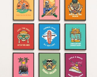 Juego de 9 láminas artísticas de esqueletos de verano, pósteres retro de calaveras de playa, descarga digital