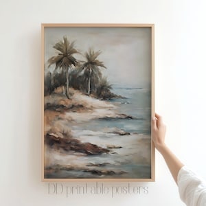Rustic Coastal Landscape Painting, Muted Seascape Print, Palm Tree Print, Vintage Neutral Beach Painting, Soft Coastal Landscape Download