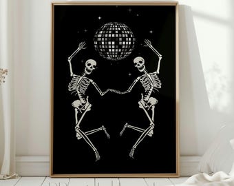 Esqueleto bailarín, lámina de Halloween, arte de bola de discoteca, descarga digital