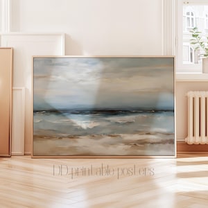 Abstract Seascape Painting, PRINTABLE Wall Art Muted Coastal Beach, Neutral Beach Painting, Soft Blue Tone Landscape Instant Download