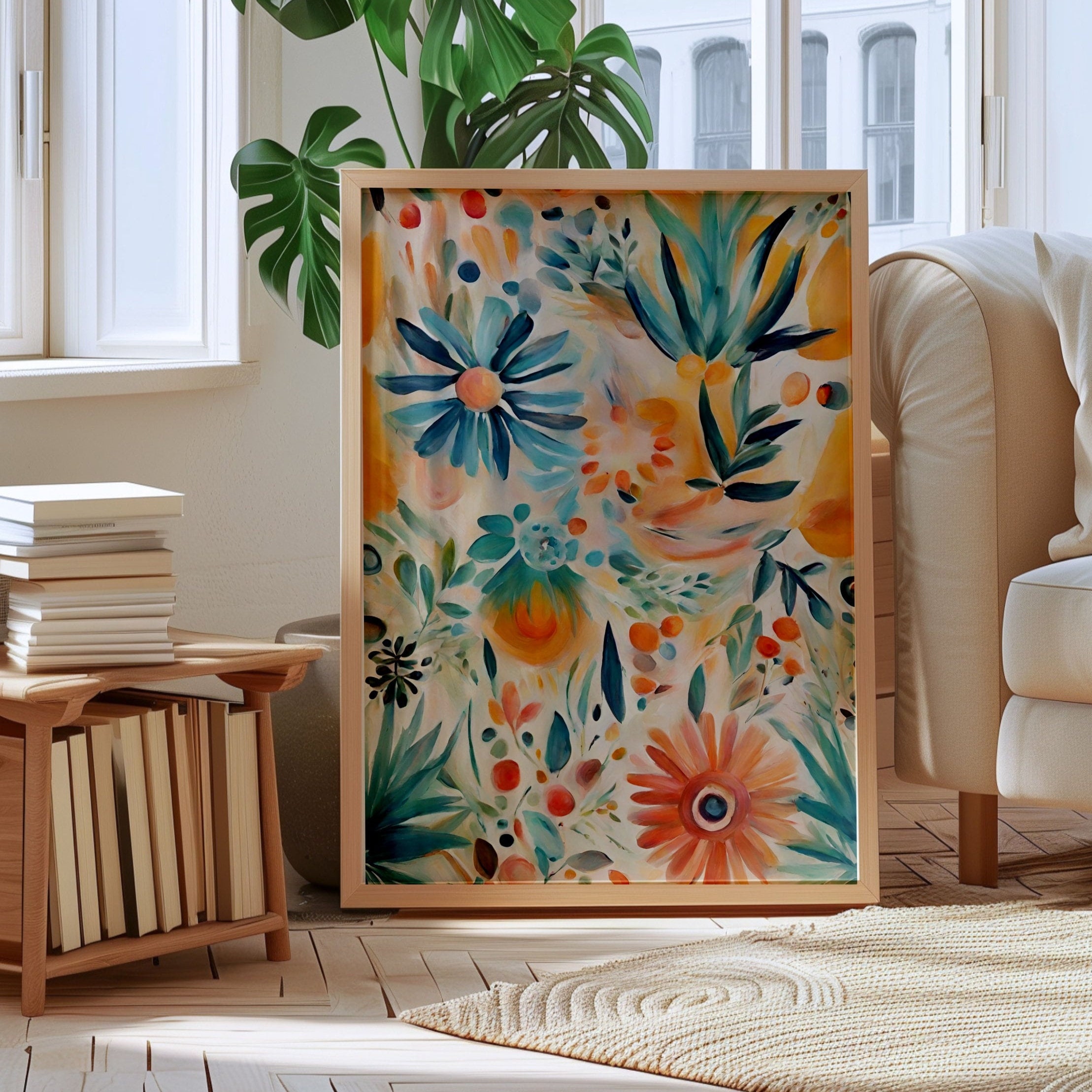 Leinwandbild „Dream Land“ – Abstrakte Blumen In Türkis & Gold, 61x61 Cm, Fertig Zum Aufhängen