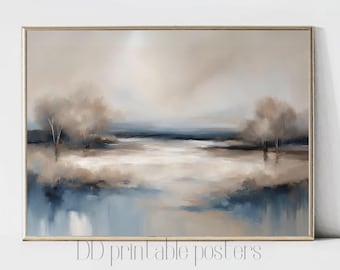 Blue Beige Landscape Print, Neutral Landscape Oil Painting, Abstract Wall Art Download, Abstract Landscape Horizontal Print, Digital Poster