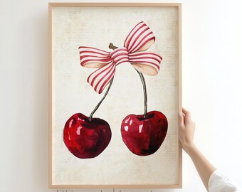 Coquette Cherry Print: Red Bow, Feminine Wall Art Digital Download