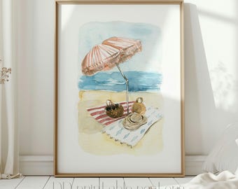 Beach Watercolor Print, Pink Umbrella Coastal Art, Printable Digital Download