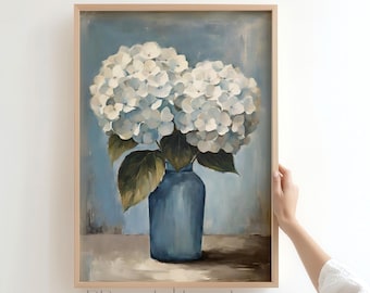 White Hydrangeas Vintage Botanical Print, Farmhouse Wall Art Digital Download
