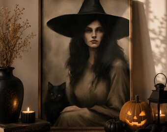 Vintage Witch Halloween Art Print, Rustic Witchy Decor Digital Download