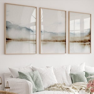 Juego de 3 impresiones de paisajes en acuarela, arte mural minimalista, póster abstracto de paisaje neutro, impresión beige, marrón y azul, descarga de arte digital