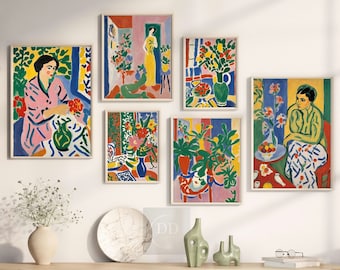 Zestaw 6 wydruków ściennych z motywem Matisse'a, kolorowy zestaw galerii z połowy XX wieku do pobrania w wersji cyfrowej