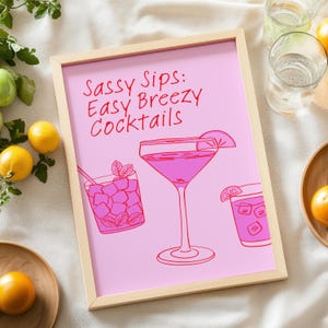 Coctail Printable Wall Art, Trendy Retro Pink Coctail Poster, Drink Art Print, Kitchen Art, Kitchen Wall Decor, Bar Cart Art Print Download