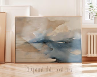 Abstract Beach Watercolor Print: Beige Blue Coastal Seascape Digital Download