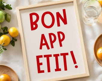 Lámina decorativa Bon Appétit para cocina con cita francesa, arte mural para comedor (descarga digital)