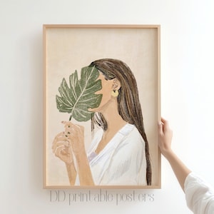Impresión de mujer y hoja bohemia, decoración de pared bohemia, impresión neutra, póster estético, impresión de retrato de mujer, descarga de arte digital