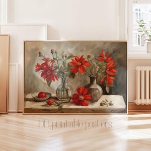 Still Life Red Flowers Painting, Vintage Botanical Art Print, Farmhouse Decor Digital, Country Vintage Flower Print, Vintage Painting,