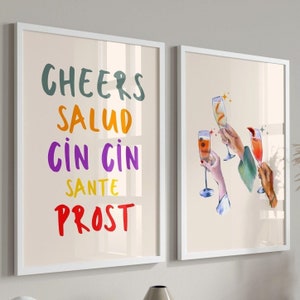 Juego de 2 impresiones "Cheers", juego de impresiones de cócteles, juego de galería de pared con carrito de bar colorido, pósteres de cócteles retro, decoración de pared con bebidas, descarga digital