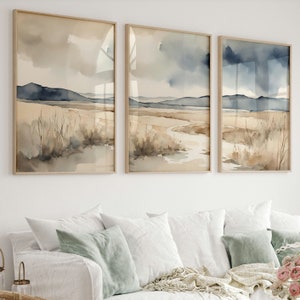 Watercolor Landscape Print Set of 3 – Neutral Beige Blue Wall Art – Minimalist Nature Scene – Digital Instant Download – Boho Triptych Decor