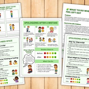 May include: Educational cards with illustrations and text, designed to help children understand and manage emotions. The cards cover topics like feeling left out, needing space, and apologizing after a mistake. The cards have a light green border.