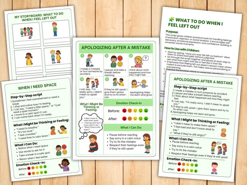 May include: Educational cards with illustrations and text, designed to help children understand and manage emotions. The cards cover topics like feeling left out, needing space, and apologizing after a mistake. The cards have a light green border.