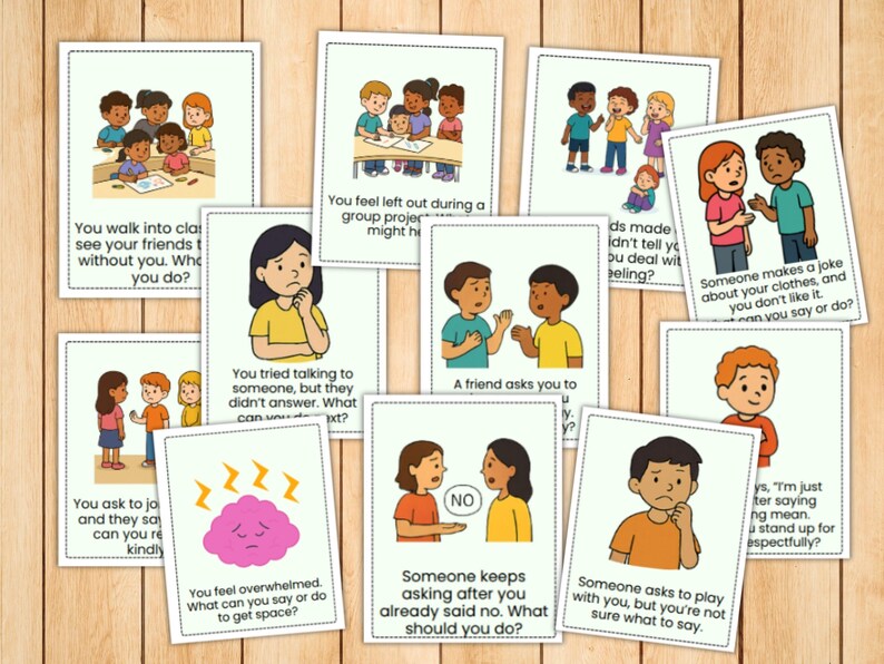 May include: A collection of illustrated cards with scenarios and questions about social situations. The cards feature cartoon children and text prompts like "You feel left out" and "Someone makes a joke." The cards are on a wooden surface.