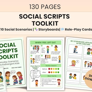 Peut inclure: Ensemble de supports pédagogiques imprimables intitulé "Social Scripts Toolkit" avec 130 pages. Le kit comprend des scénarios sociaux, des storyboards et des cartes de jeu de rôle pour les enfants neurodivergents. La couverture affiche le texte "Social Scripts Toolkit".