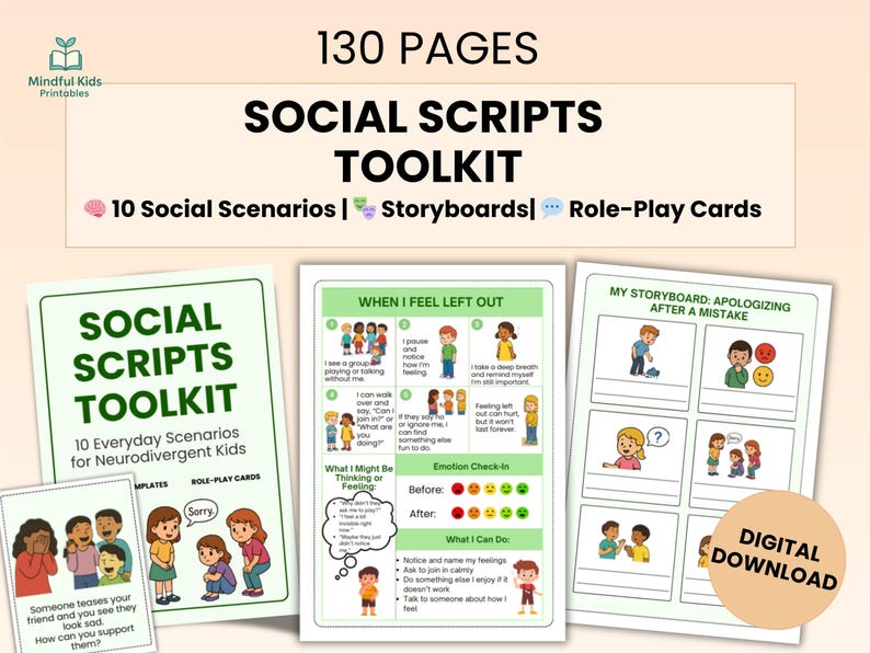 May include: A set of printable educational materials titled "Social Scripts Toolkit" with 130 pages. The toolkit includes social scenarios, storyboards, and role-play cards for neurodivergent kids. The cover features the text "Social Scripts Toolkit".