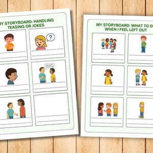 May include: Two educational storyboards with the titles "Handling Teasing or Jokes" and "What to Do When I Feel Left Out." Each board features illustrated scenarios with children, designed for social-emotional learning. The boards are on a wooden surface.