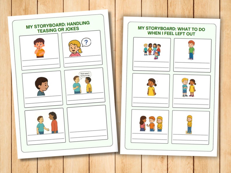 May include: Two educational storyboards with the titles "Handling Teasing or Jokes" and "What to Do When I Feel Left Out." Each board features illustrated scenarios with children, designed for social-emotional learning. The boards are on a wooden surface.