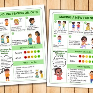 May include: Two educational posters on a wooden surface. One poster is titled "Handling Teasing or Jokes" and the other is "Making a New Friend." Each poster features illustrated steps and emotion check-ins.
