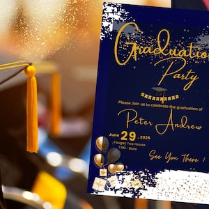 Royal Navy Blue Gold Graduation Party Invitation Elegant Invite Blue and Gold Graduation Invitation Digital INSTANT DOWNLOAD Canva Editable
