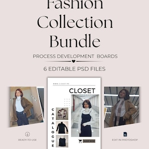 Op de afbeelding: Een digitale modecollectiebundel met zes bewerkbare PSD-bestanden voor procesontwikkelingsborden. De afbeelding bevat de tekst "Fashion Collection Bundle", "Process Development Boards" en "6 Editable PSD Files" met drie voorbeeldafbeeldingen van een persoon in een witte coltrui en donkere kleding.