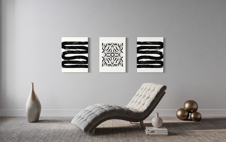 BLACK AND WHITE Abstract Art Print Set of 3 / Modern Minimalist Wall ...
