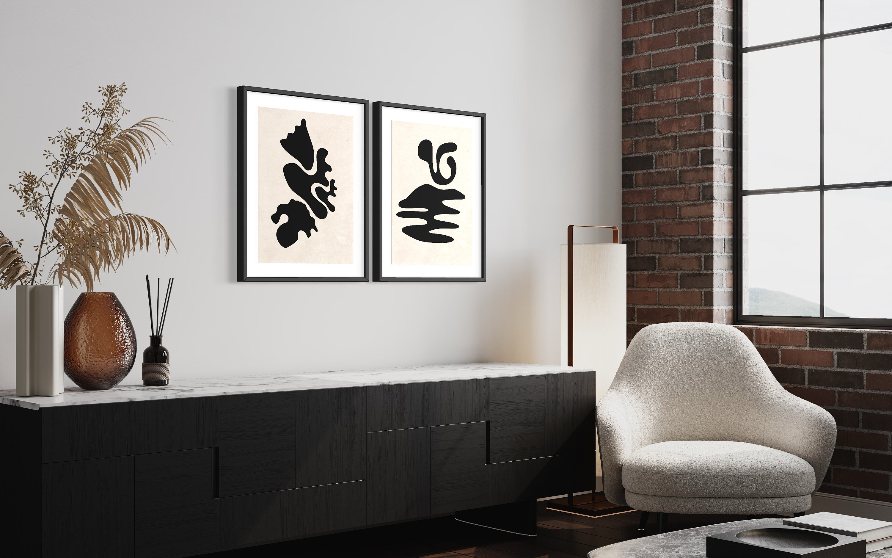 MODERN ABSTRACT Art Print Set of 2 / Digital Art Prints / Japandi Black ...