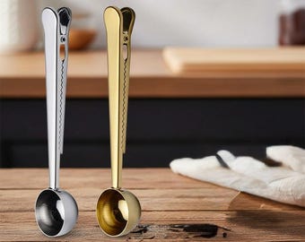 Cuchara medidora y selladora de bolsas de té Himalko 2 en 1 de acero inoxidable / Clip medidor dorado y plateado