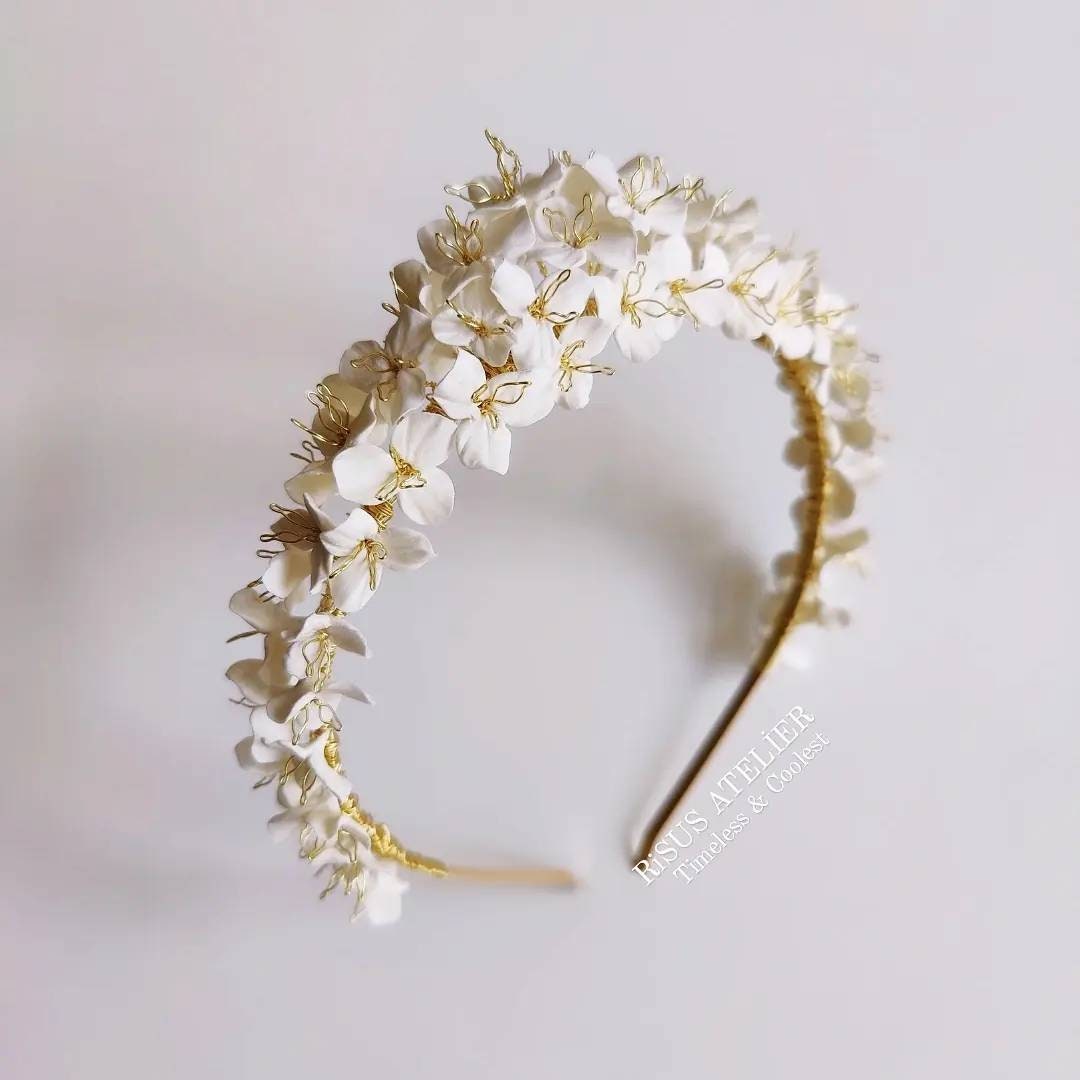 Porcelain White Floral Bridal Headband, Clay & Pearl Crown, Boho Flower Bride Headband, Floral