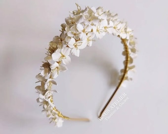 Porcelain White Floral Bridal Headband, Clay & Pearl Crown, Boho Flower Bride Headband, Floral Bride Headpiece,  Wedding Hairpiece