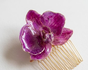 Prawdziwa fioletowa spinka do włosów z motywem orchidei – ręcznie robiona ozdoba do włosów w kształcie roślin