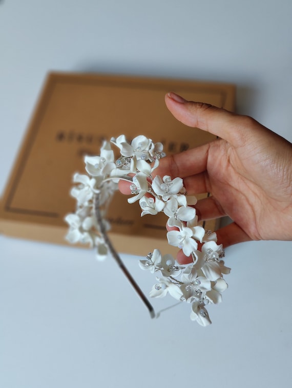 Porcelain Floral Bridal Headband: Clay Flower & Pearl  display picture 3