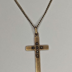 Vintage 12K GF Yellow Gold 5 Seed Pearl Cross Necklace Pendant on Chain Dainty Christian Jewelry
