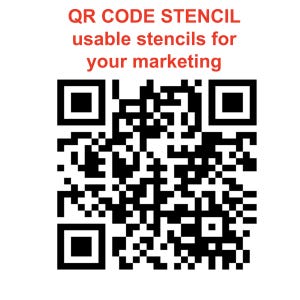 Peut inclure: Un pochoir de code QR noir et blanc sur fond blanc. Le texte "QR CODE STENCIL usable stencils for your marketing" est en rouge au-dessus du code QR.
