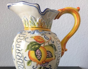 Large Italian Style Ceramic Water Pitcher with Peach Motif, Cream with Golds, Blues, Greens